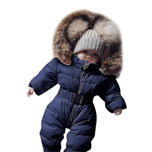 Hooded Unisex Baby Jumpsuit - 0-24 Months - Boys and Girls Romper with Fur Collar 80cm Dark Blue