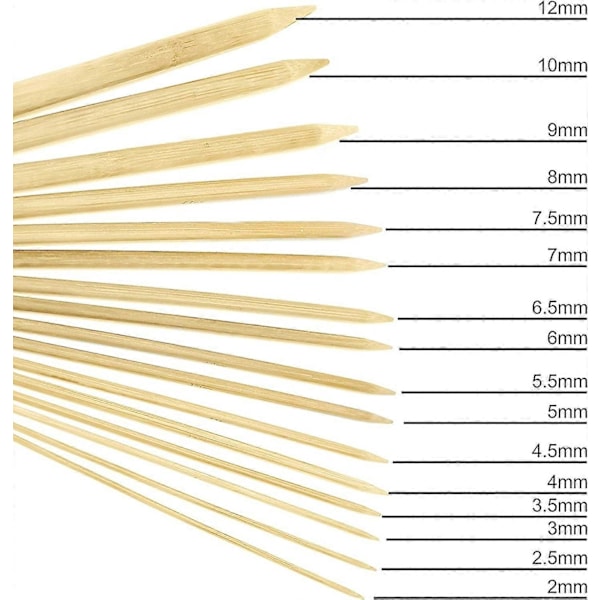 Dubbelspetsiga stickor i bambu, set för nybörjare och proffs, 80 delar (16 storlekar X 5 enheter), 2 mm till 12 mm, 25 cm, med förvaringsväska i canvas