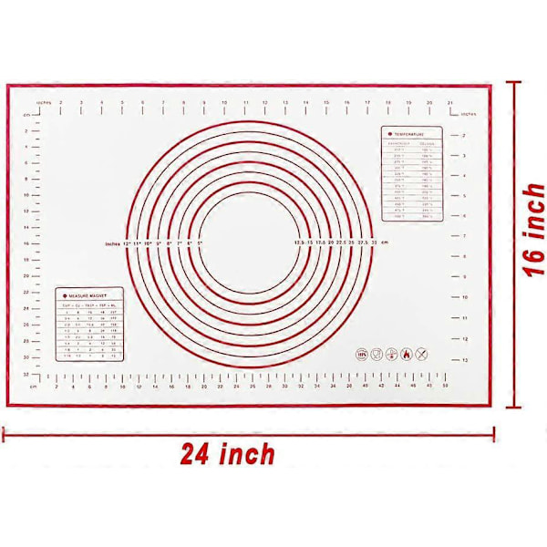 Silikone Bageunderlag Non-Stick med Mål, Fondant Måtte, Ekstra Stor Bordmåtte, Dejrulle Måtte, Ovnforing, Tærtebundsmåtte 16x24 (Rød)