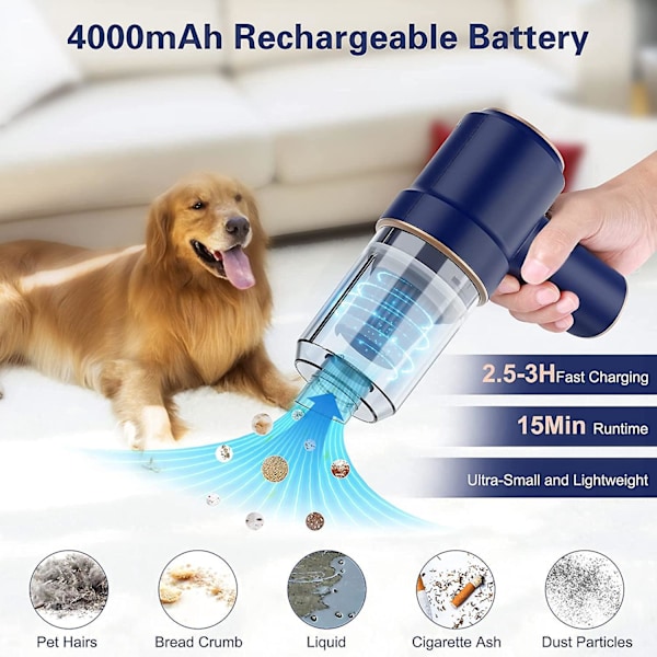 Langaton käsikäyttöinen pölynimuri Kannettava Mini 2 in 1 USB-ladattava imu- ja puhallustoiminnolla Sininen