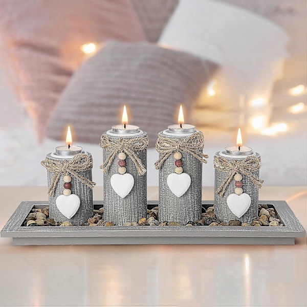 Ljusstake Set om 4 med Träbricka, Bordsdekoration Heminredning Vardagsrum Sovrum Dekoration Bröllop Födelsedag Julfest Ornament