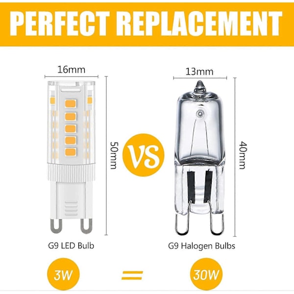 G9 LED-lampor Varmvitt, 3W, 300LM, 3000K, Ersätter 30W G9 Halogenlampa, Flimmerfri Ej Dimbar för Belysningsdekor, Ljuskrona, 10-pack