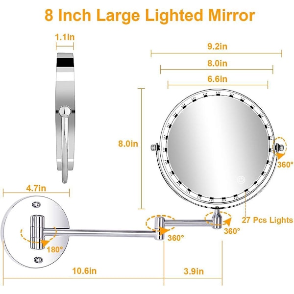 LED-veggmontert sminke speil - 8 tommer, opplyst, 1x/10x forstørrelse, USB-lading, 360° svingbar, for bad og hjem