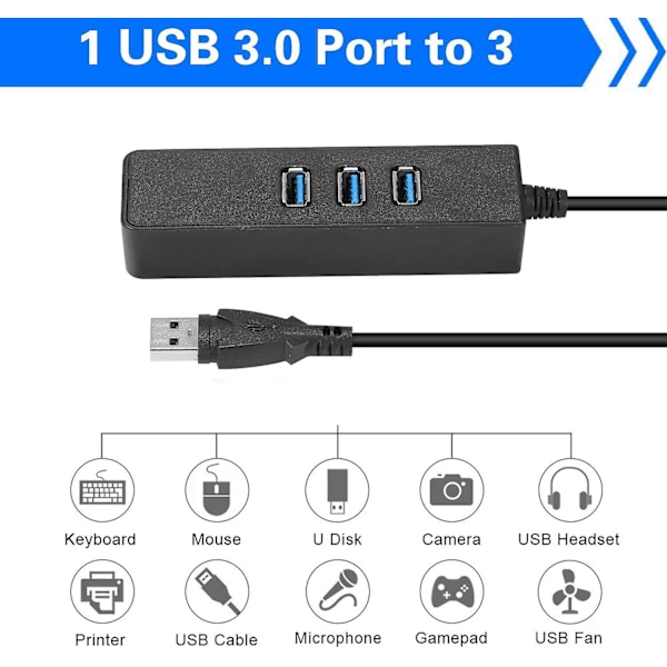 3 Port USB 3.0 HUB till RJ45 Gigabit Ethernet 10/100/1000 Mbit USB Ethernet Adapter för Macbook, Surface Pro, Chromebook