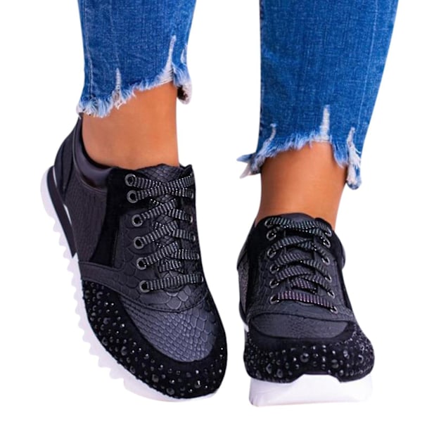 Ortopædiske Krystal Rhinestone Kvinders Komfortable Elegante Sorte Sneakers Løbesko