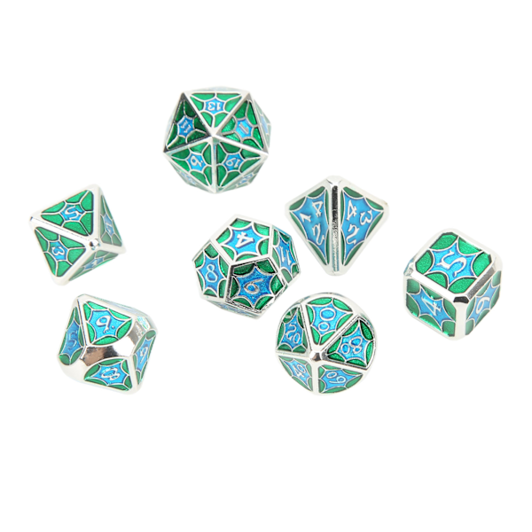 7 stk. polyhedral terningesæt, let at læse, god balance, aluminiumslegering til brætspil