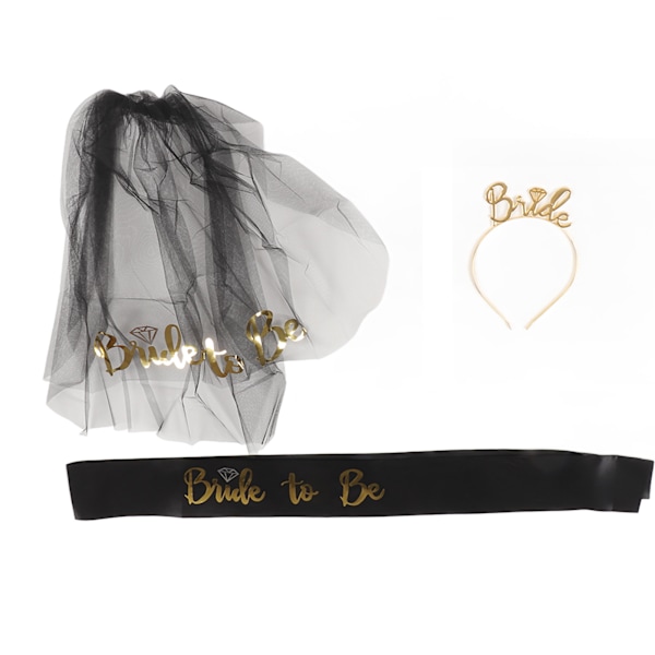 Bride to Be Tiara Shiny Black Brude Bryllupsbånd Frynser Sentrum Lagdelt slør Sash Krone Bride to Be Gaver