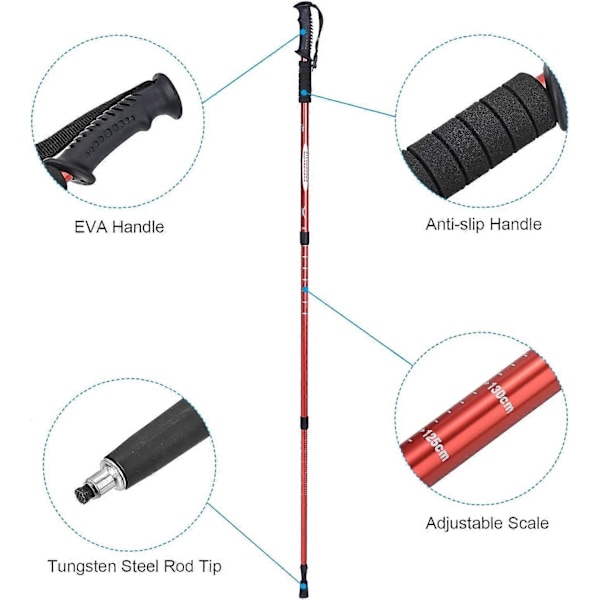 Vandringsstavar, hopfällbara vandringsstavar 95-110cm teleskopisk hopfällbar käpp med lerkorg aluminiumlegering för utomhusvandring promenader camping, röd