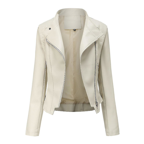 Stilful Kvinde Off White Kunstlæder Biker Zip Jakke XS