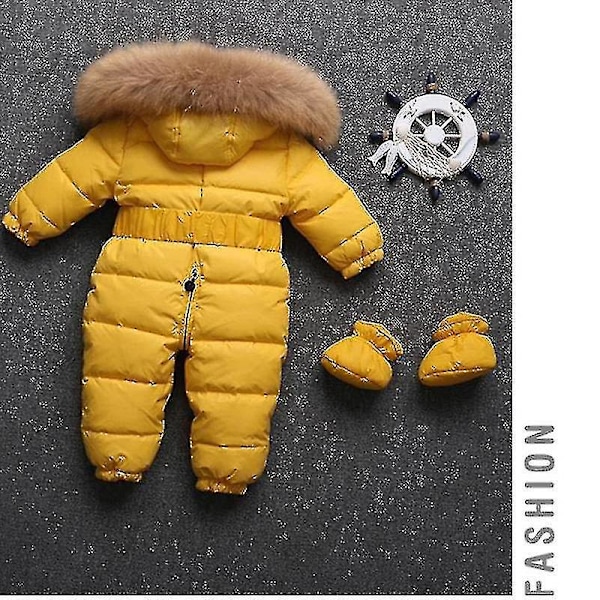 Baby Hooded Jumpsuit - Unisex Romper för Pojkar och Flickor (0-24 Månader) med Pälskrage 65cm Gul