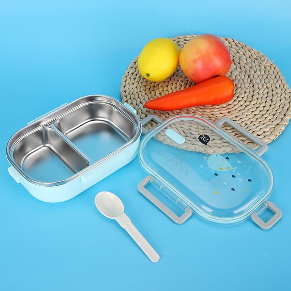 Bärbar 304 Rostfritt Stål 650ML Bento Box Läckagesäker Matbehållare för Studenter Barn Blå