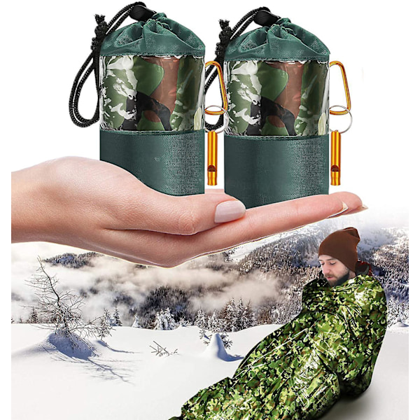 2 KPL Pelastuspeite Uudelleenkäytettävä Pelastussäkki Ulkoiluun, Retkeilyyn ja Vedenpitävä Pelastusbivy-pussi Selviytymisvälineet Vedenpitävä Vaellus Lämpöpeite