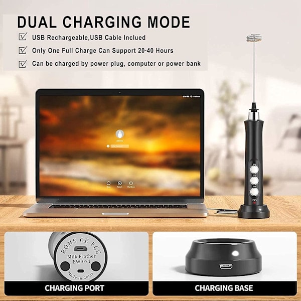 3-i-1 USB-oppladbar elektrisk melkeskummer med 3 justerbare hastigheter og rustfrie stålmiksere - Perfekt for Latte og Cappuccino