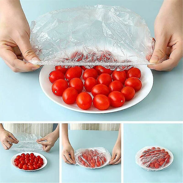 100 stk gjennomsiktige, elastiske matdeksler i plast - Strekkbare og gjenbrukbare matdeksler for å beskytte frukt og grønnsaker