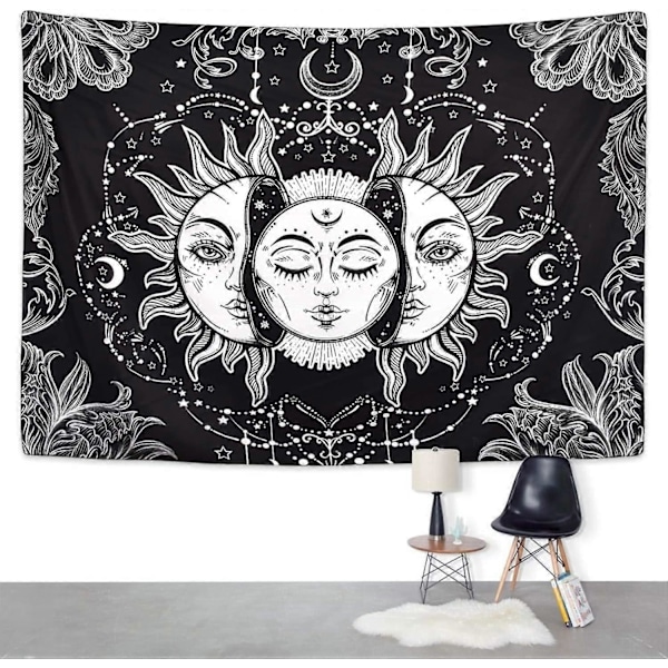 Sol og Måne Gobelin Brændende Sol med Stjerne Gobelin Psykedelisk Gobelin Sort og Hvid Mystisk Gobelin Vægophæng (130 x 150 cm)