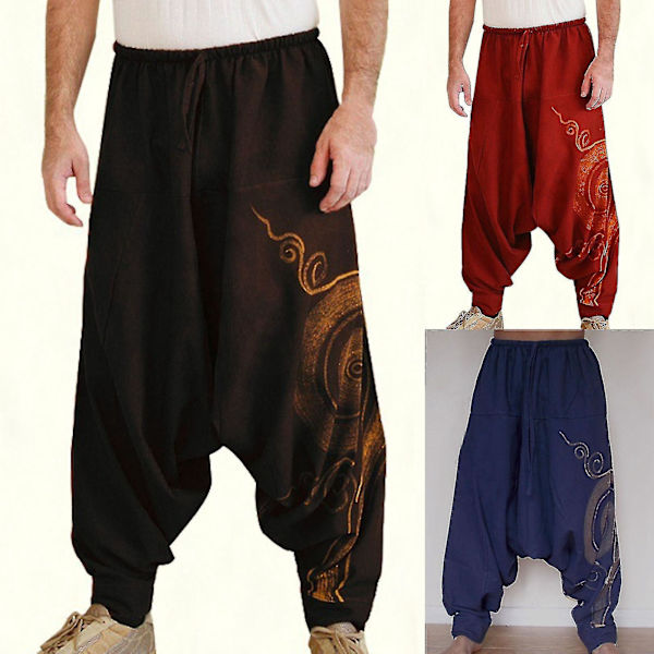 Bohemisk stil plisserade herr yogabyxor 2XL blå