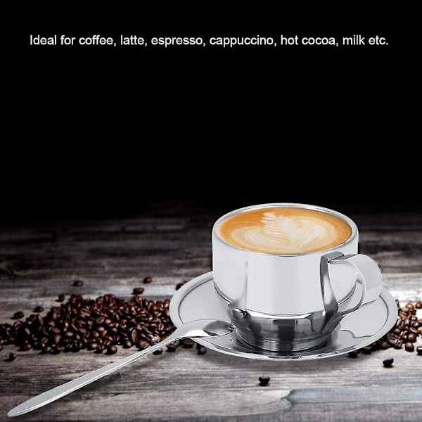 Ruostumattomasta teräksestä valmistettu kaksiseinäinen kahvikuppisetti espresso cappuccinolle maitokupilla lusikalla ja aluslautasella (130ml)