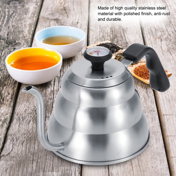 Ruostumattomasta teräksestä valmistettu kahvi-teepannu, jossa on hanhenkaula ja sisäänrakennettu lämpömittari (1L)