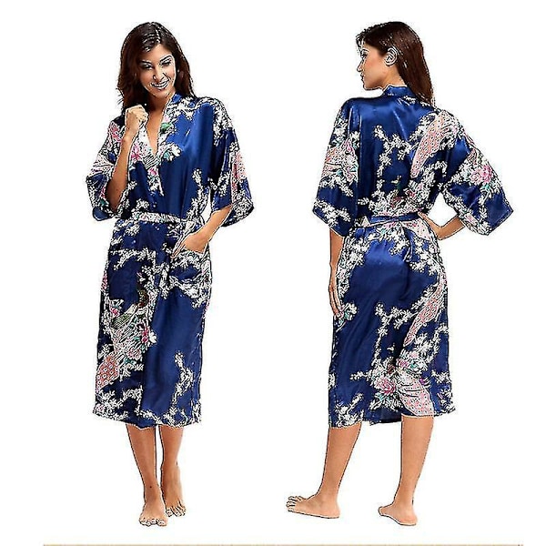 Floral Satin Kimono Morgenkåbe - Elegant Dame Nattøj til Bryllup og Afslapning M Navy Blå