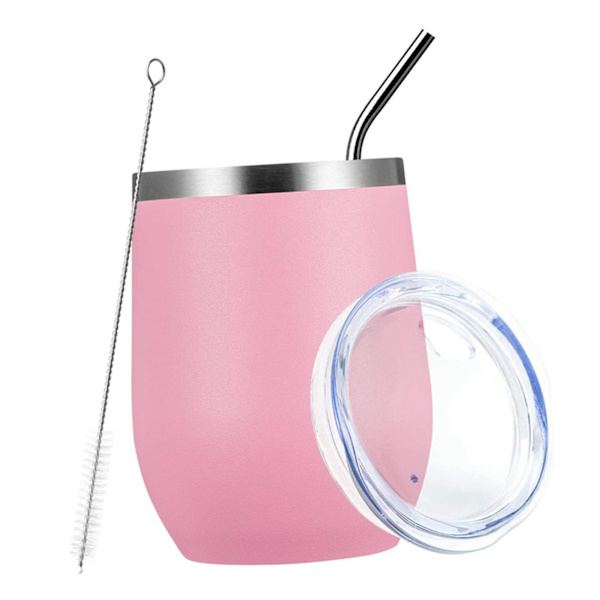 12oz 304 Rostfritt Stål Äggskalskopp Set U-formad Stor Mag Värmeisoleringskopp med Sugrör Koppslock Borste Rosa
