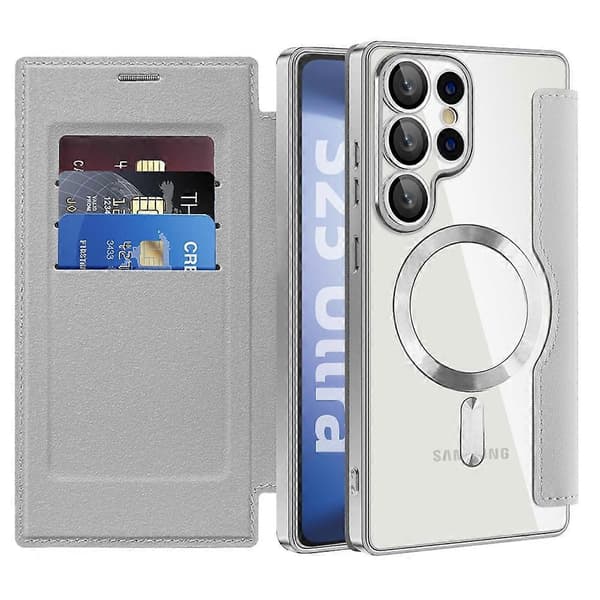 For Samsung Galaxy S25 Ultra Case Compatible with MagSafe RFID Blocking Leather Phone Cover Silver Silver Silver