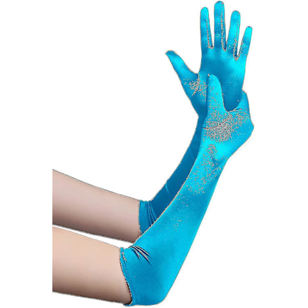 Long Aqua Blue Satin Gloves for 1920s Opera Party, Stretchy Adult Size, Elbow Length 21.6in