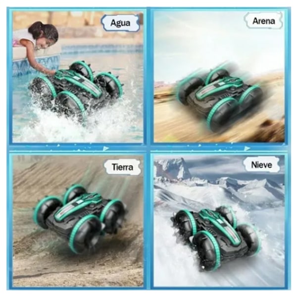 RC-tempputyyauto, kaksisuuntainen, pyörivä, 2,4 GHz, vedenpitävä, USB-ladattava, lapsille sopiva amfibio-RC-autolelu, 3,7 V, sininen