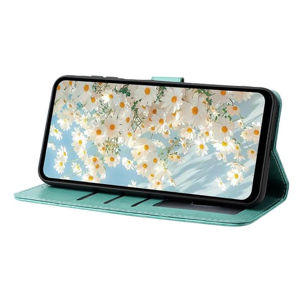 Leather Case with Embossed Daisy Pattern, Wallet Stand, Protective Phone Cover for Samsung Galaxy A56 5G Green