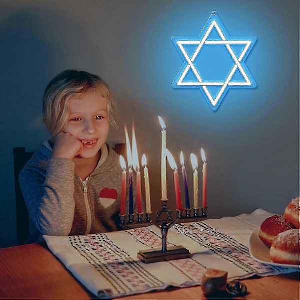 Davidstjerne Neon Skilt, Hanukkah Dekorationer Blå Seks Takket Stjerneform Lysende Akryl Med USB Strøm, LED Neon Lys Vægkunst Dekoration Til Jøder J