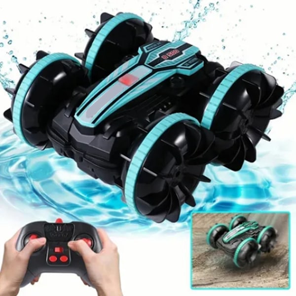 RC-tempputyyauto, kaksisuuntainen, pyörivä, 2,4 GHz, vedenpitävä, USB-ladattava, lapsille sopiva amfibio-RC-autolelu, 3,7 V, sininen