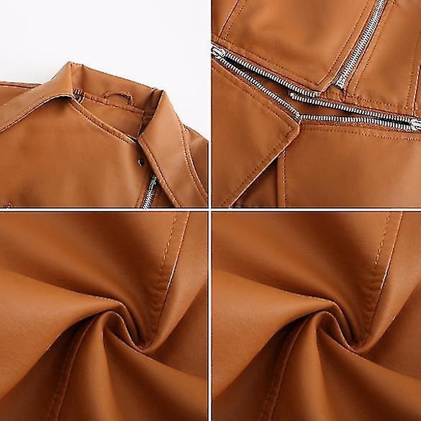 Læder Casual Dame Zipper Jakke med Aftagelig Kant - 5 Farver Tilgængelige - XXL Kamel