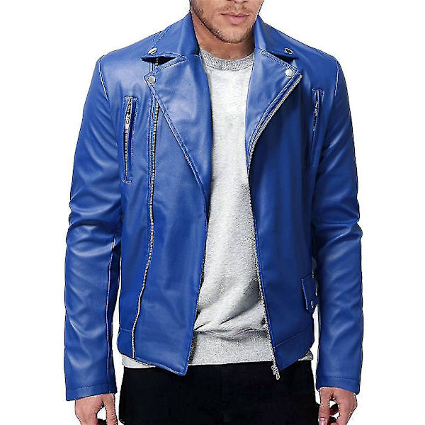 Smallast Slim Fit Mörkblå PU-Läder Biker Motorcykeljacka för Män