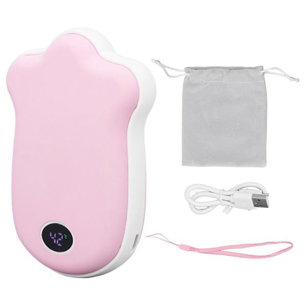 USB uppladdningsbar handvärmare Cat Paw med LCD-skärm Dubbelsidig uppvärmning 2 nivåer justerbar handvärmare Power Bank för telefon Rosa