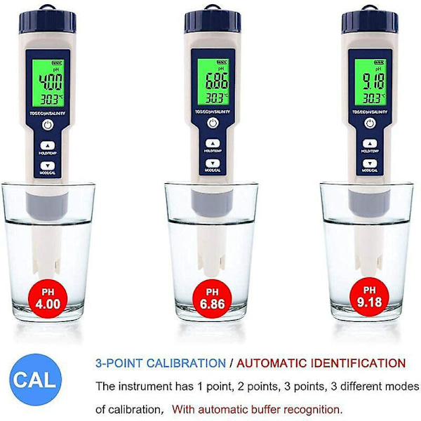 5-in-1 elektroninen pH-mittari, pH:n, TDS:n, EC-suolapitoisuuden ja lämpötilan mittaus, vedenlaadun testaaja, LCD-näyttö ja lukutarkkuus, juomavedelle, A