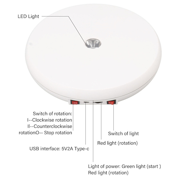 Elektrisk roterende displaybord LED-lys 25 cm støjsvag 20 kg belastningskapacitet drejeskive displaystativ til smykker hvid