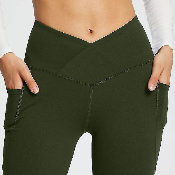Hög midja Bootcut Yoga byxor med fickor för kvinnor - Magkontroll & Träningsstil 2XL grön