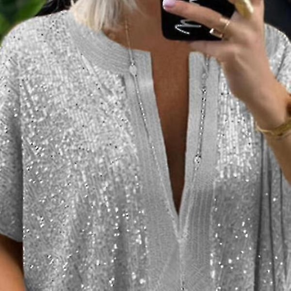 Kvinners Sequin V-hals Kort Ermet Casual T-skjorte Bluse 2XL sølv
