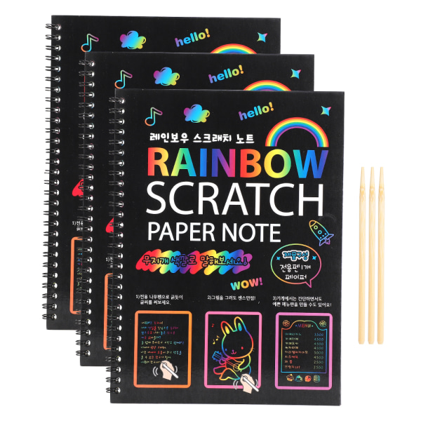 3 stk Skrapepapir Note Flerfarget regnbuekunstpapirkort Barn Studenter Tegnebøker