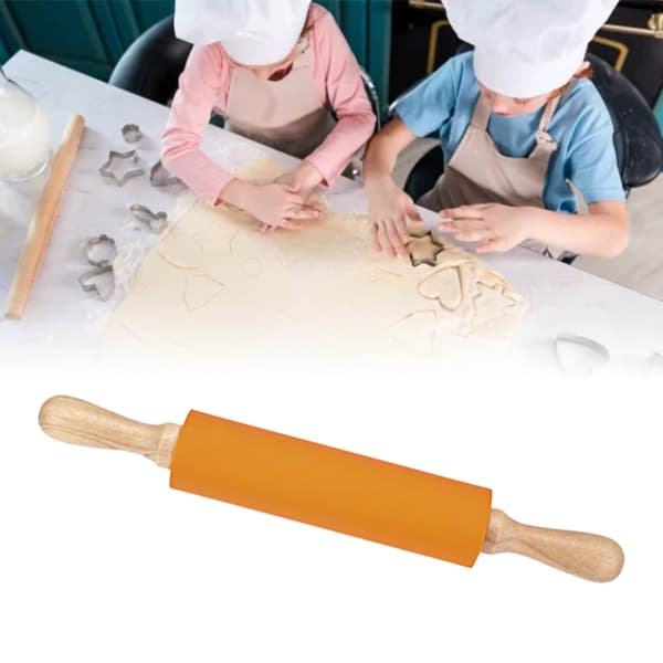 Forlenget kjevle i silikon med solid trehåndtak, non-stick overflate, bakeverktøy, oransje