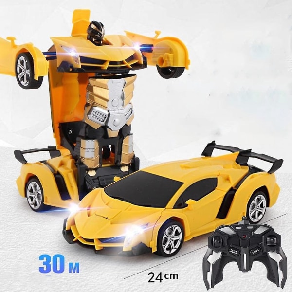 2-i-1 gul fjernkontrolltransformator robotbilleketøy for gutter og jenter 3-7+ år gamle, RC-bilrobotleker Transformerbar 2,4GHz politibil