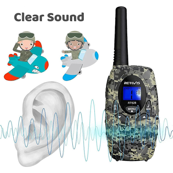 RT628 Kamouflage Uppladdningsbara Walkie Talkies för Barn 1 Par, med Li-ion Batteri och Laddningskabel, Lång Räckvidd Leksak för Barn för Inomhus- eller Utomhusaktiviteter, Ca
