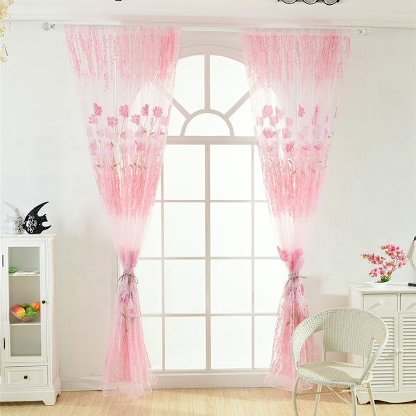 Polyester Floral Pattern Vindus Tulle Voile Gardin Soverom Stue Innredning (Rosa)