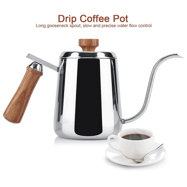 304 Rustfrit Stål Kaffekande med Træhåndtag og Lang Svanehals Tud (350ml)