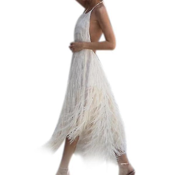 Elegant Sleeveless Backless Fringed Dress for Women L white