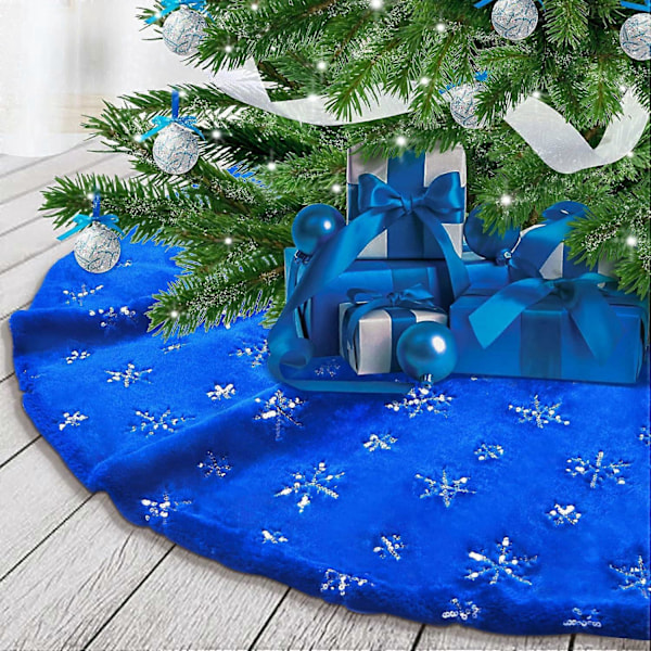 90 cm Blå Julgransmatta i fuskpäls med Silverpaljett Snöflinga Blå Plysch Julgransmatta (Blå, 90 cm)