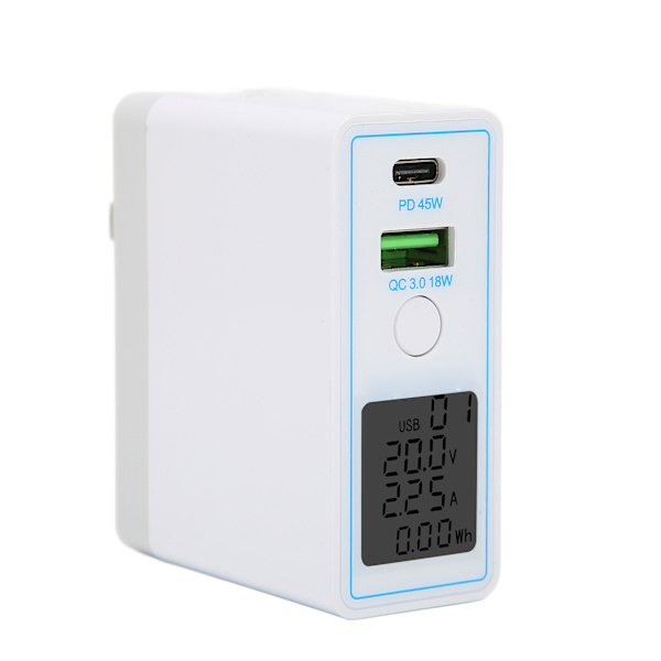 USB C vegglader PD QC 3.0 2-porters hurtigladerblokk AC100-240V med knappbryterdisplay bærbar lader US-plugg med UK-adapter