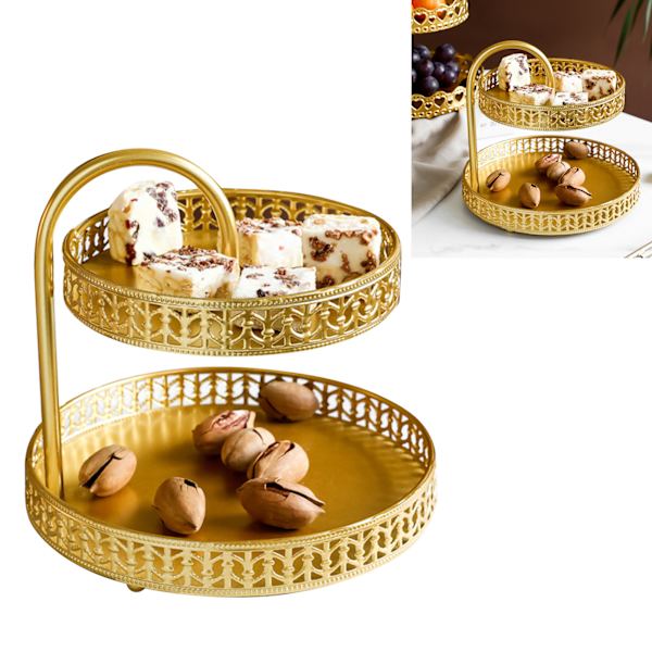 Dubbelskikts bakelsebricka dekorativ koppar guld kexar dessert displaybricka för bröllopsblad