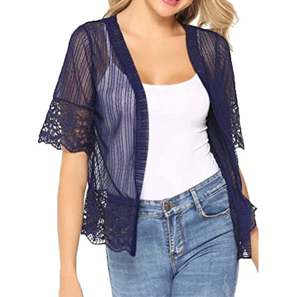 Spets genomskinlig kortärmad öppen bolero shrug - Dam sommar casual cover up M mörkblå