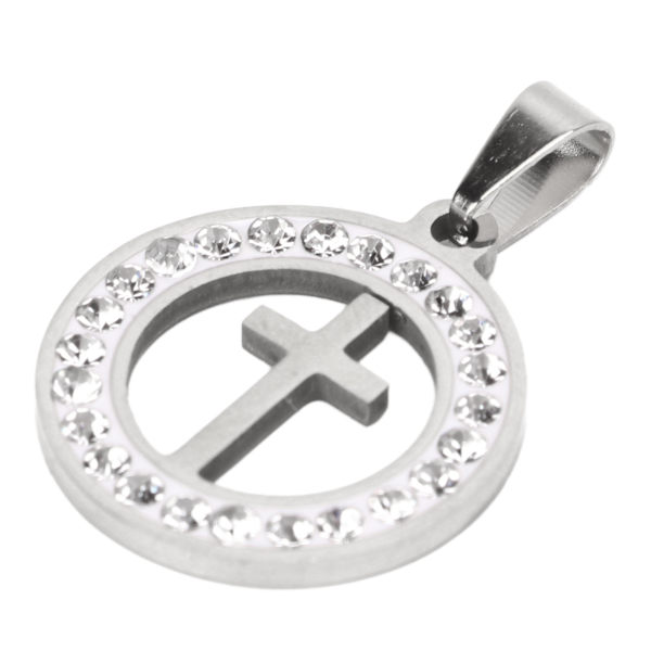 Korsfæste vedhæng skinnende blank elegant stil dekorativt titanium stål rhinsten rund kors smykker til mænd kvinder sølv RF GS011