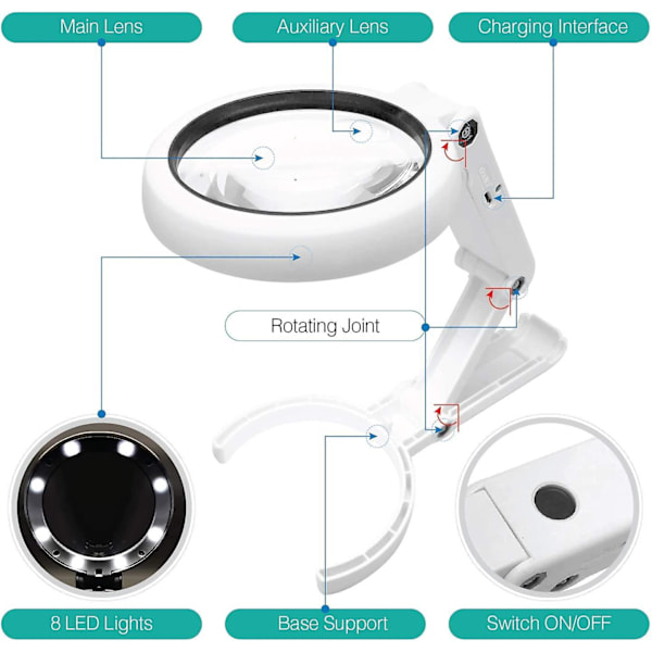 Genopladelig håndholdt lup med 5x forstørrelse og 8 LED'er - Bærbar forstørrelsesglas til ældre og børn